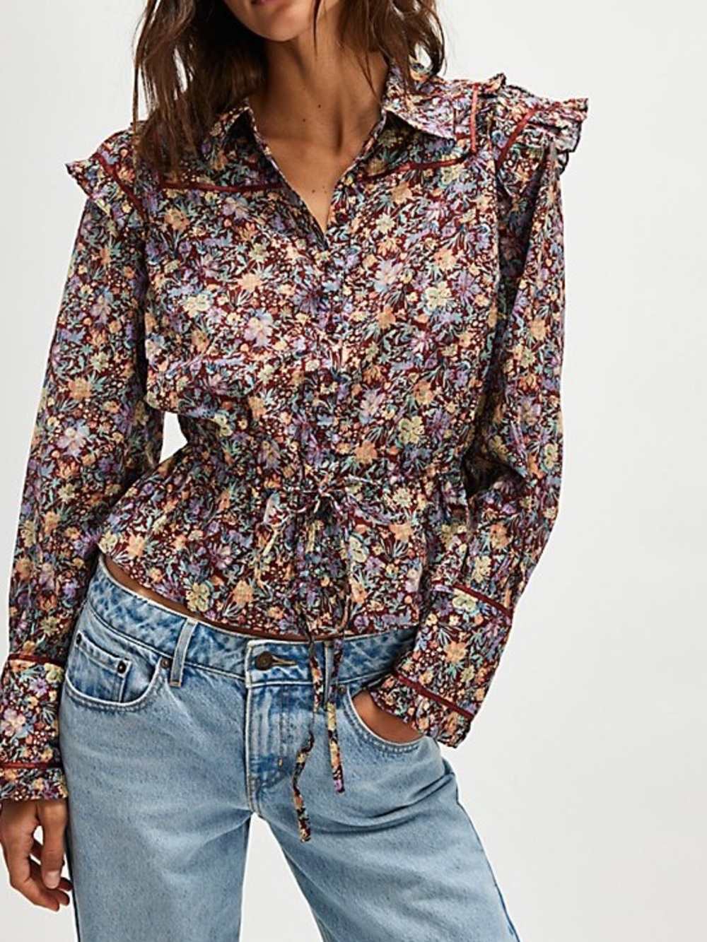 FREE PEOPLE Daybreak Top-Size Small-Romantic Boho Floral Point Collar Black NWT